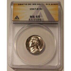 1947 D Jefferson Nickel MS65 5.5 Steps ANACS Toning
